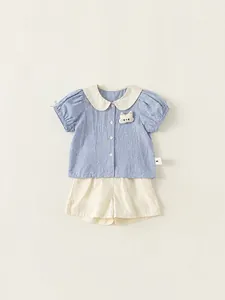 Toddler Girls Summer Gingham Plaid Shirt And Shorts Set Sweet Peter Pan Collar Cotton Short Sleeve Outfit Kids Clothing