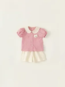 Pink checkered Peter Pan collar shirt and cream shorts two-piece summer outfit for girls