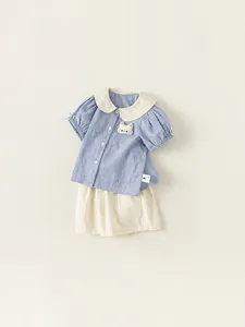 Girls gingham shirt with Peter Pan collar and cream shorts, baby summer two-piece set