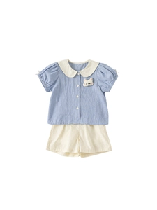 Girls' summer set featuring blue checkered doll collar shirt and ivory cotton shorts