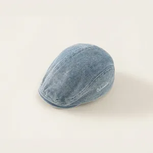 Kids Retro Denim Beret Hat Embroidered Letter Ivy Cap Vintage Adjustable Washed Denim Duckbill Flat Hat For Boys Girls