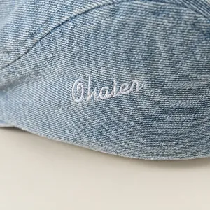Classic blue denim beret for kids with white Ohaien embroidery and twill texture