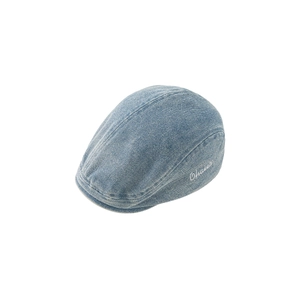 Classic light blue denim beret cap for kids with white artistic letter embroidery on the side
