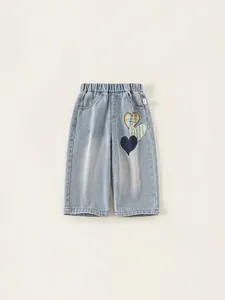 Girls Sweet Heart Embroidery Patchwork Denim Jeans Toddler Casual Light Blue Straight Leg Soft Cotton Trousers For Kids