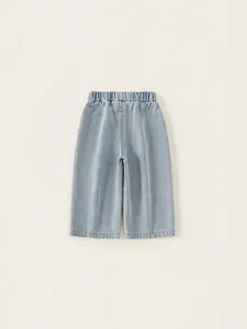Girls sweet light blue wide leg jeans with heart pattern and comfortable elastic waist