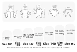 Size chart for boys' hoodies and apparel with measurements for height 90cm to 160cm