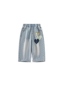 Girls light blue straight leg jeans with colorful heart patchwork and elastic waistband