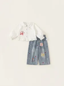 Set 2 Pezzi Bambina Camicia di Cotone e Pantaloni di Jeans Colletto Peter Pan Volant Camicia Bianca Jeans Fiori Cartone Animato Outfit Quotidiano
