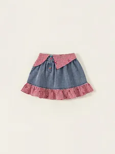 Jupe en Jean Patchwork Vichy pour Filles Été Ourlet à Volants Décoration Cerise Jupe Courte Décontractée Style Pastoral