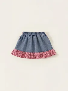 Jupe en jean pour filles avec taille élastique et ourlet à volants vichy rouge