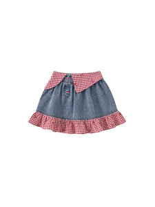 Jupe en jean pour filles avec taille à carreaux rouges et boutons cerise mignons
