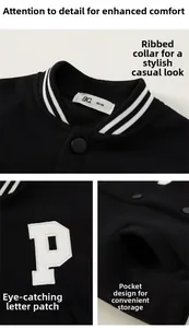 Close-up of ribbed collar with stripes and chenille letter P patch on kids baseball jacket