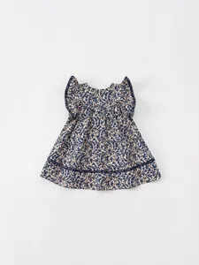 Vestito in cotone per bambine con stampe blu e maniche a volant in stile vintage chic