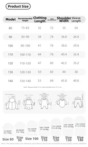Detailed size chart for kids color-block baseball jacket ranging from size 80 to 140
