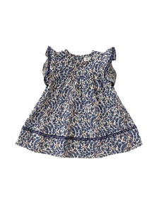 Abito in cotone blu a fiori per bambine con maniche a volant e scollo rotondo