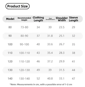 Detailed size guide for children long sleeve shirts covering height from 73cm to 140cm