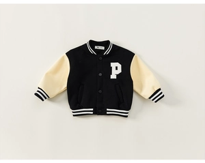 Detail of baby baseball jacket with contrast sleeves, letter P patch, and ribbed cuffs