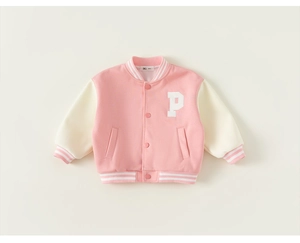 Detail of pink and cream kids varsity jacket showing embroidery and ribbed cuffs