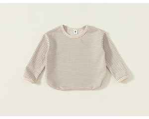 Detailed view of striped long-sleeve cotton T-shirt with ribbed crewneck and cuffs