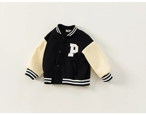 Detail of baby varsity jacket with contrast sleeves, striped ribbing and P letter patch