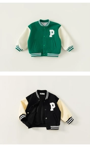 Detailed view of color-block kids varsity jackets with P patch and striped ribbing cuffs