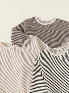 Kids long sleeve striped cotton t-shirts in neutral colors with a comfortable crew neck