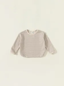 Classic striped cotton long sleeve T-shirt for infants with ribbed crewneck in beige