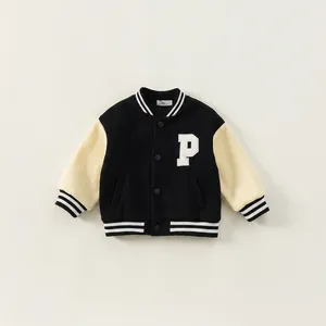 Kids Color Block Varsity Jacket Letter P Embroidery Long Sleeve Baseball Coat Casual Sportswear Snap Button Jacket Top