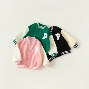 Three kids color-block baseball jackets in pink green and black with P letter patch