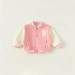 Pink and white color block kids baseball jacket with letter P embroidery and ribbed cuffs
