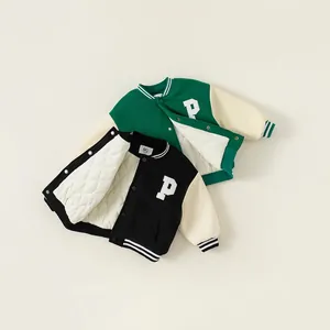 Kids color-block baseball jackets in green and black with varsity P letter embroidery