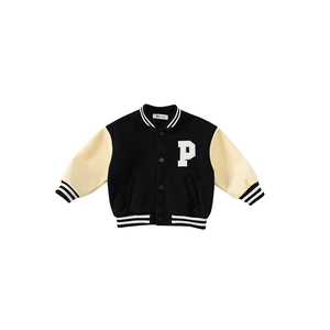 Kids baseball jacket with contrast sleeves, letter P embroidery and ribbed striped trims