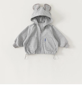 Detail of gray toddler hoodie with cute 3D bear ears and functional large pockets