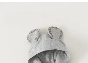 Detail of grey knitted toddler hoodie with cute 3D ears and soft textured fabric