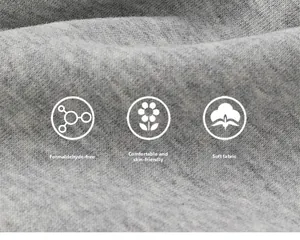 Detail of soft grey knitted fabric featuring skin-friendly and formaldehyde-free texture