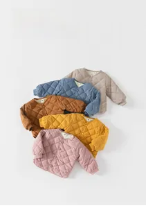 Detail of stacked children's winter cotton jackets in five colors with quilted patterns
