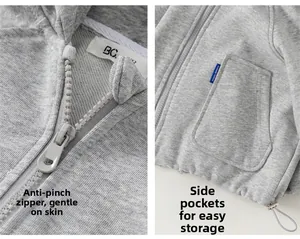 Detail of grey hooded jacket featuring anti-pinch zipper guard and functional pockets