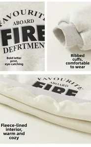 Detail of fleece lining and ribbed cuffs on light grey varsity letter sweatshirt
