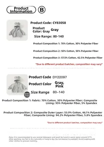 Size chart for kids hooded jackets with bear ears in pink and grey colors