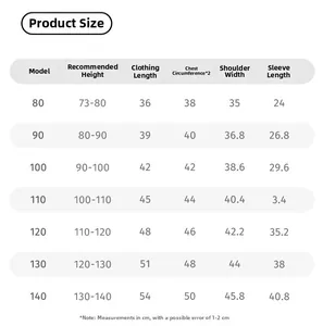 Detailed size chart for kids fleece sweatshirts with precise body measurements in cm