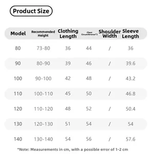 Detailed size chart for children's fleece hooded jacket with measurements in centimeters