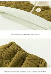 Detail of olive quilted winter set featuring warm fleece lining and elastic waistband