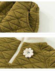 Detail of olive green quilted vest with white fleece collar and smiling flower patch