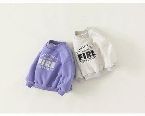 Close-up of kids' fleece sweatshirts in purple and grey with letter print and ribbed cuffs