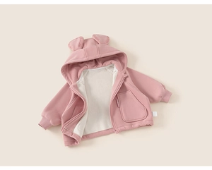 Detail of pink toddler hoodie featuring cute 3D bear ears and soft fleece lining