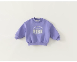 Detailed view of lavender kids sweatshirt with rib-knit cuffs and white letter printing