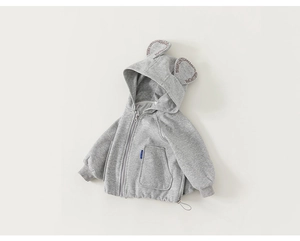 Detail of baby hoodie with cute bear ears and stylish 1998 printed lettering