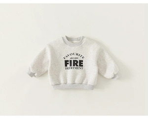 Close-up of light grey kids sweatshirt featuring black letter print and ribbed cuffs