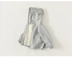 Detail of light gray kids fleece hoodie featuring cute 3D bear ears on the hood