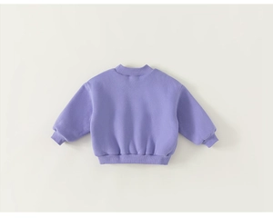 Back view of a casual purple fleece sweatshirt for kids with ribbed cuffs and hemline